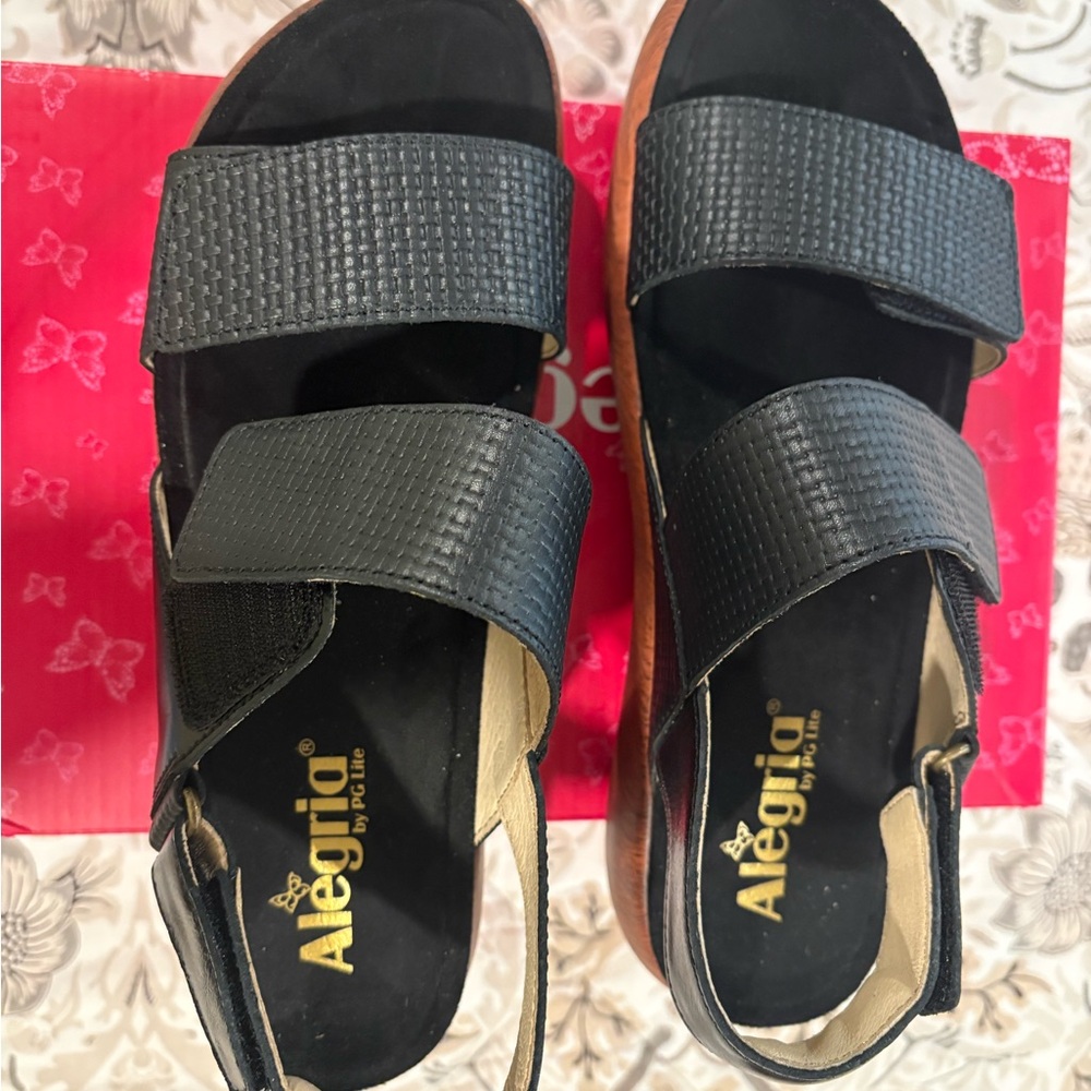 Alegria Black Textured Leather Platform Slingback Sandals - Picture 2 of 7
